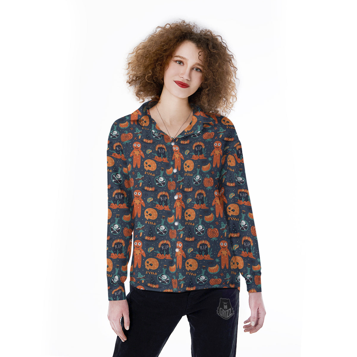 Voodoo Doll Halloween Print Pattern Women's Long Sleeve Shirts-grizzshop