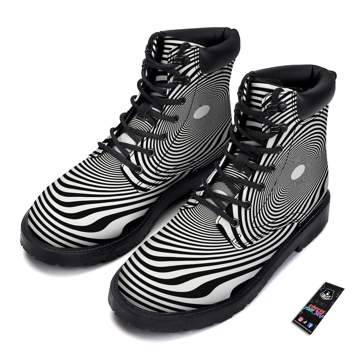 Vortex Swirl White And Black Print Boots-grizzshop