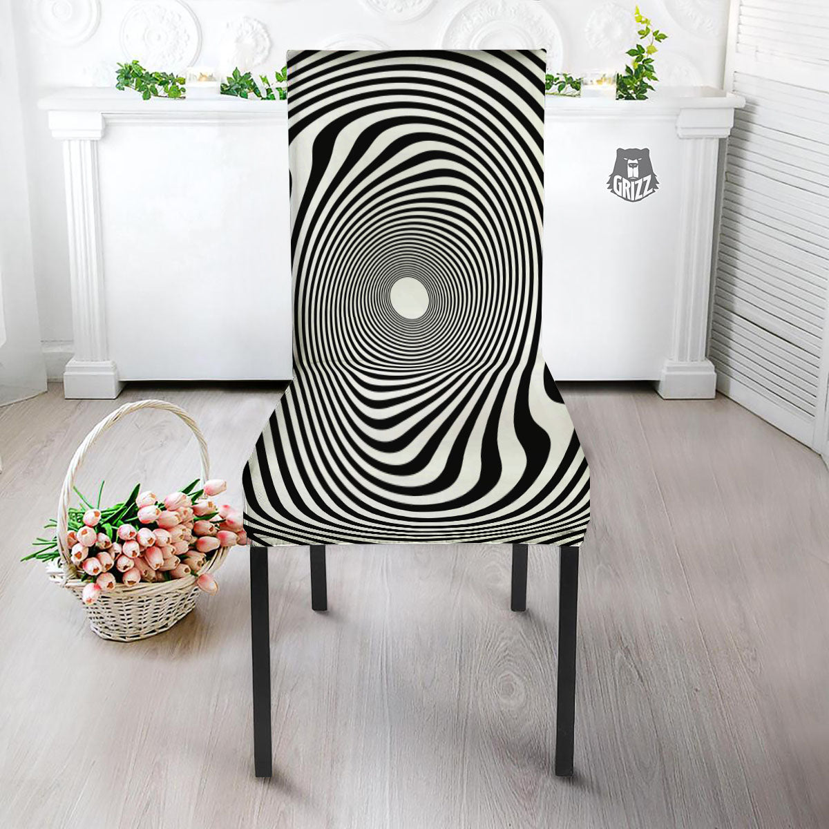 Vortex Swirl White And Black Print Dining Chair Slipcover-grizzshop