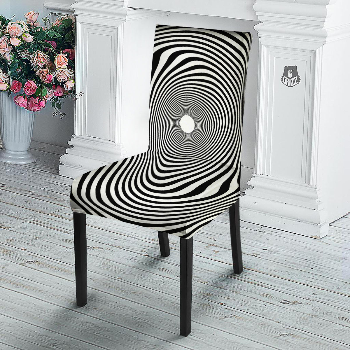 Vortex Swirl White And Black Print Dining Chair Slipcover-grizzshop