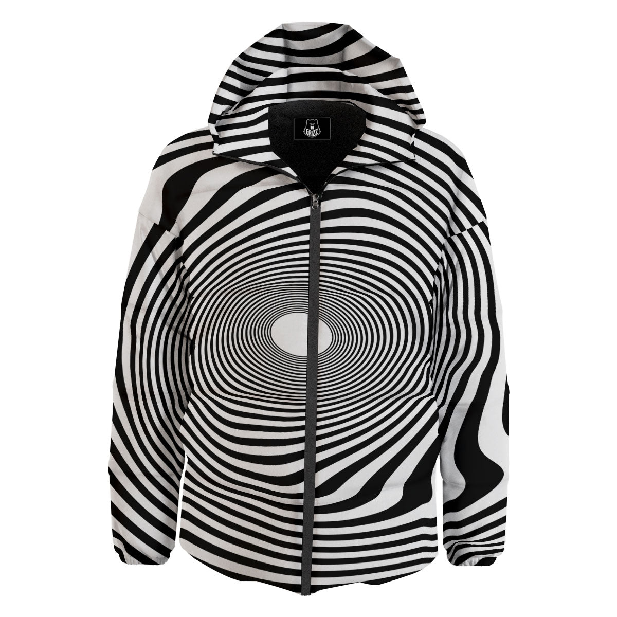 Vortex Swirl White And Black Print Down Jacket-grizzshop