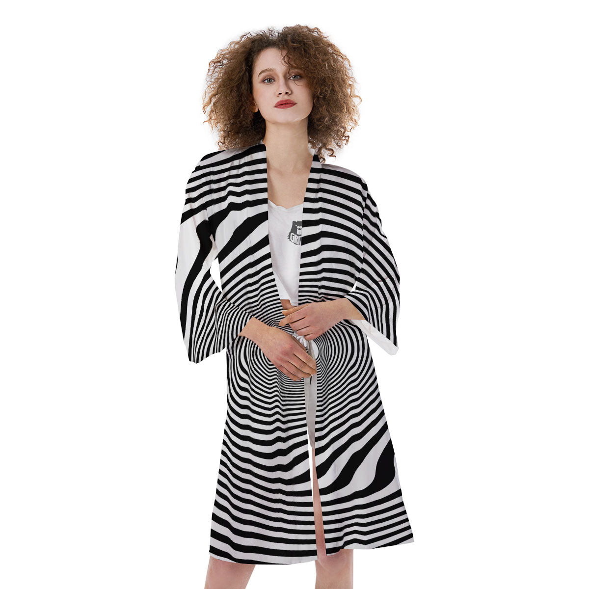 Vortex Swirl White And Black Print Kimono-grizzshop