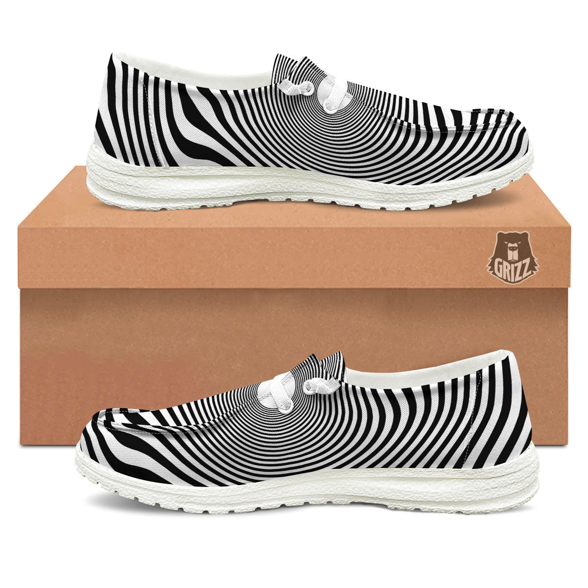 Vortex Swirl White And Black Print White Loafers-grizzshop
