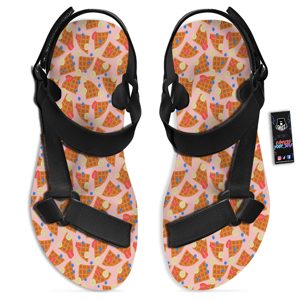 Waffle Print Cute Pattern Black Open Toe Sandals-grizzshop