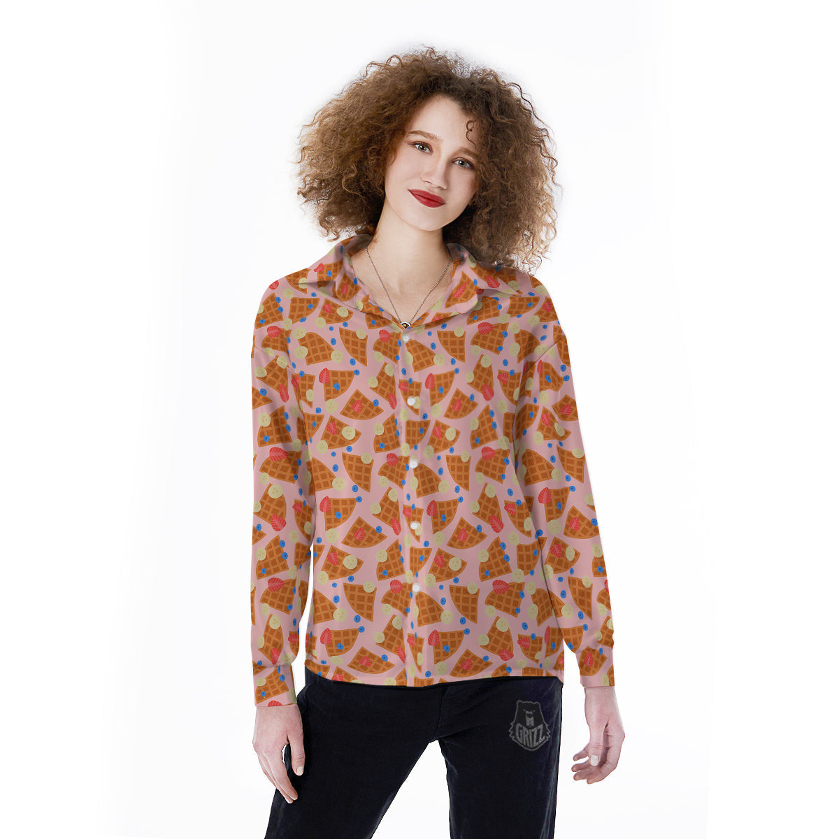 Waffle Print Cute Pattern Women's Long Sleeve Shirts-grizzshop