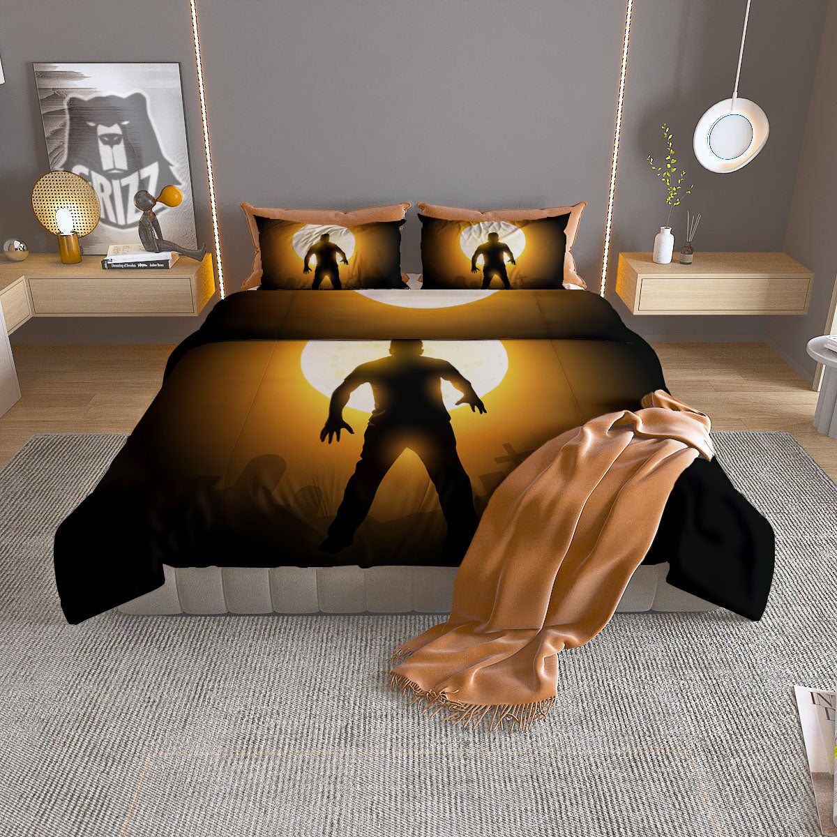 Walking Zombie Halloween Print Duvet Cover Bedding Set