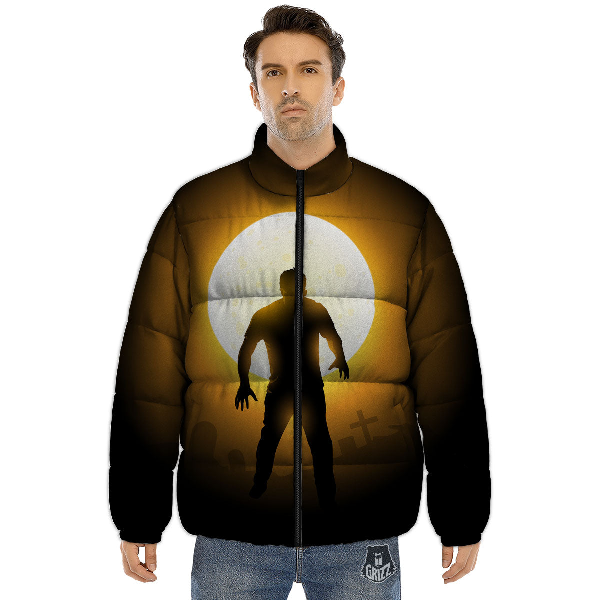 Walking Zombie Halloween Print Puffer Jacket-grizzshop