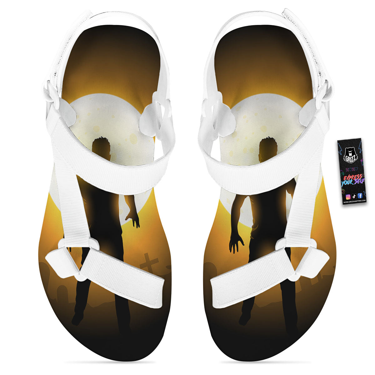 Walking Zombie Halloween Print White Open Toe Sandals-grizzshop