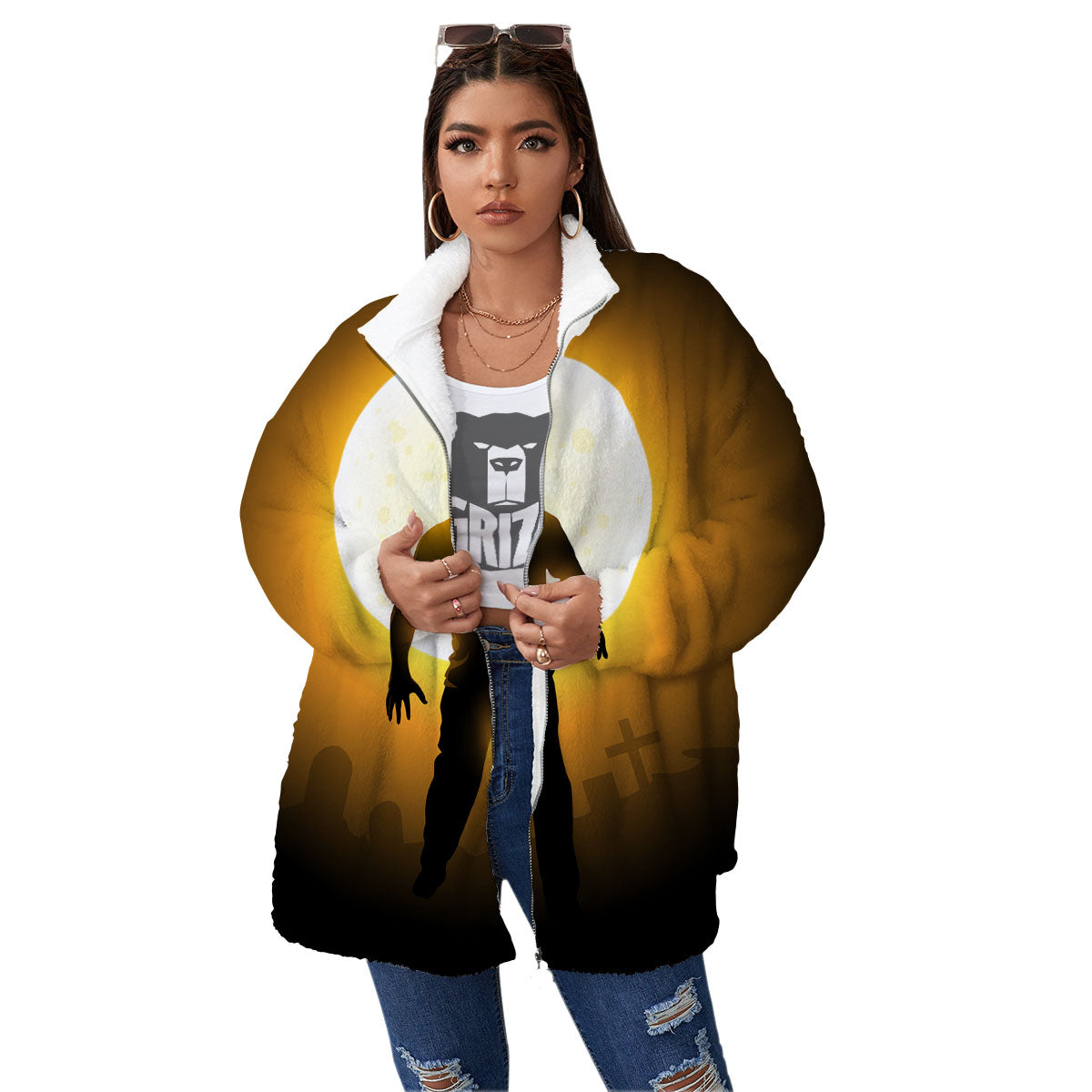Walking Zombie Halloween Print Women's Sherpa Jacket-grizzshop