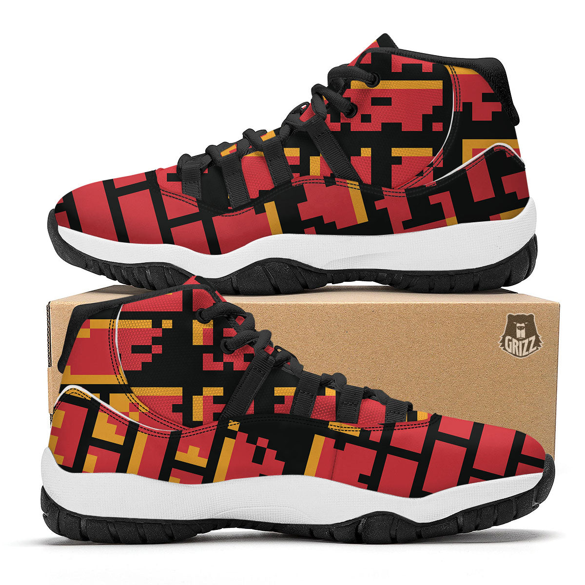 Wall Orange 8-Bit Pixel Print Black Bball Shoes-grizzshop