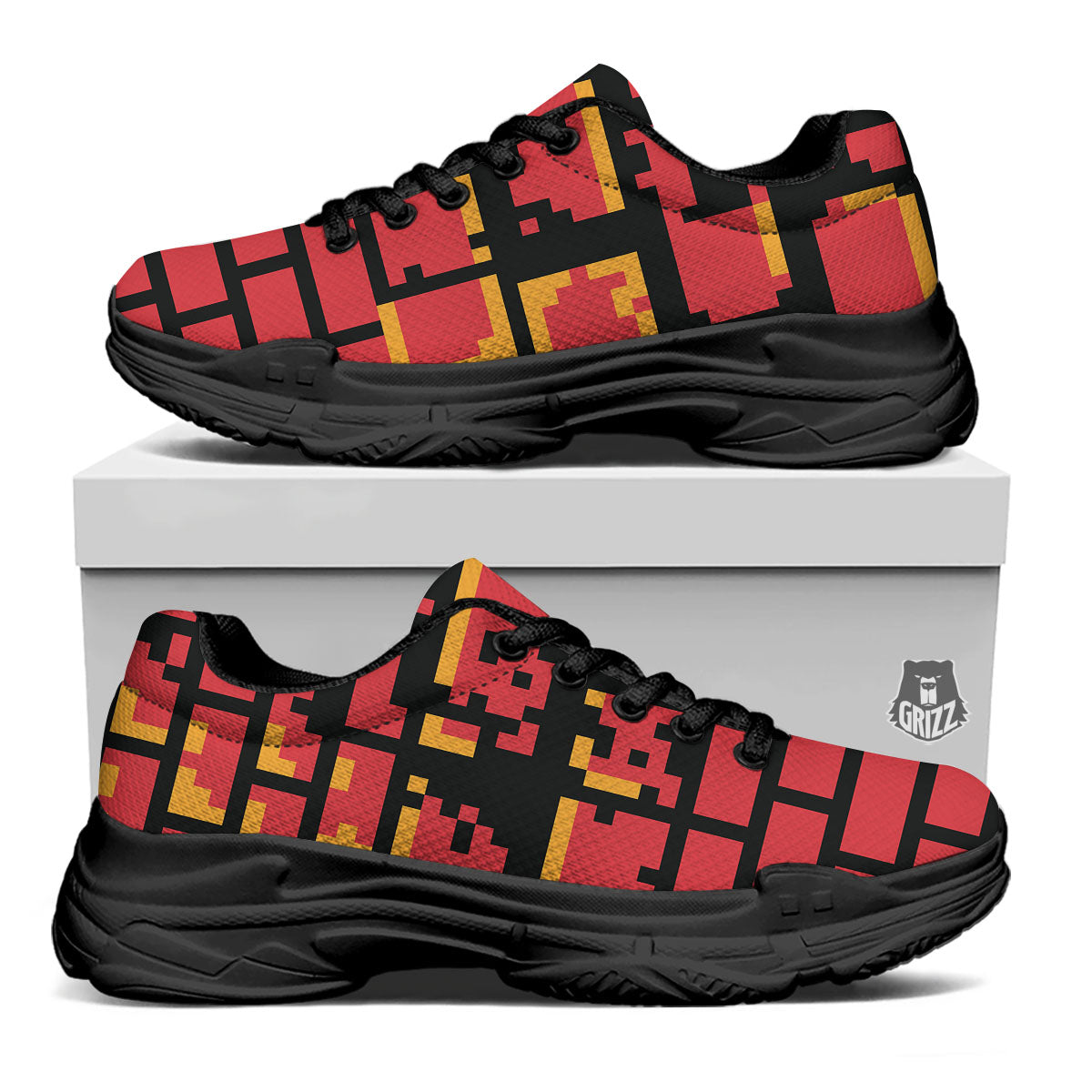 Wall Orange 8-Bit Pixel Print Black Chunky Shoes-grizzshop
