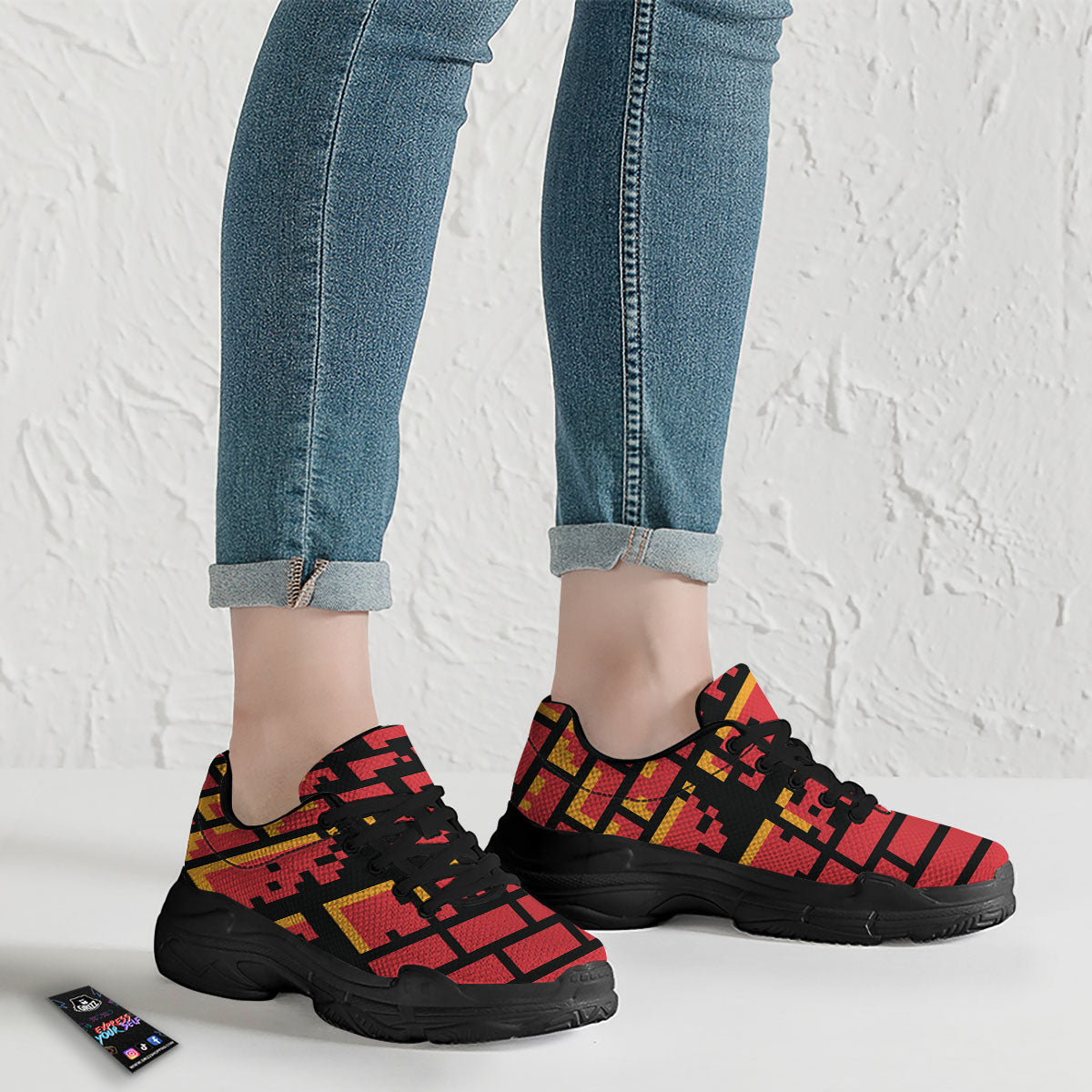 Wall Orange 8-Bit Pixel Print Black Chunky Shoes-grizzshop