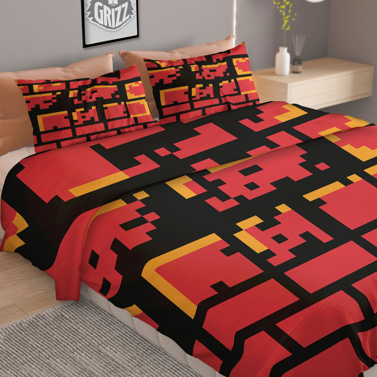 Wall Orange 8-Bit Pixel Print Duvet Cover Bedding Set