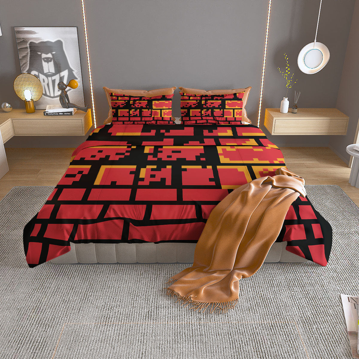 Wall Orange 8-Bit Pixel Print Duvet Cover Bedding Set