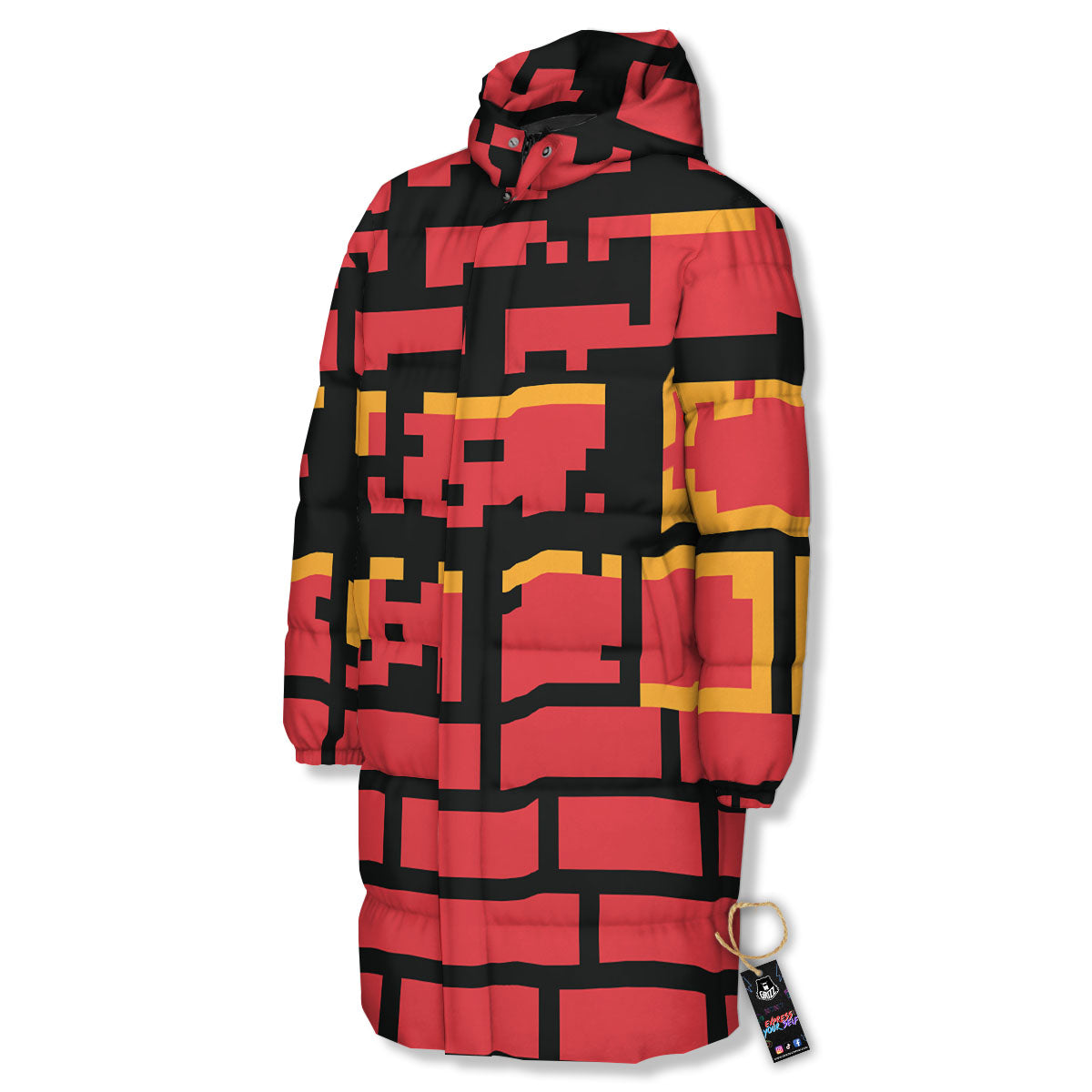 Wall Orange 8-Bit Pixel Print Long Down Jacket-grizzshop