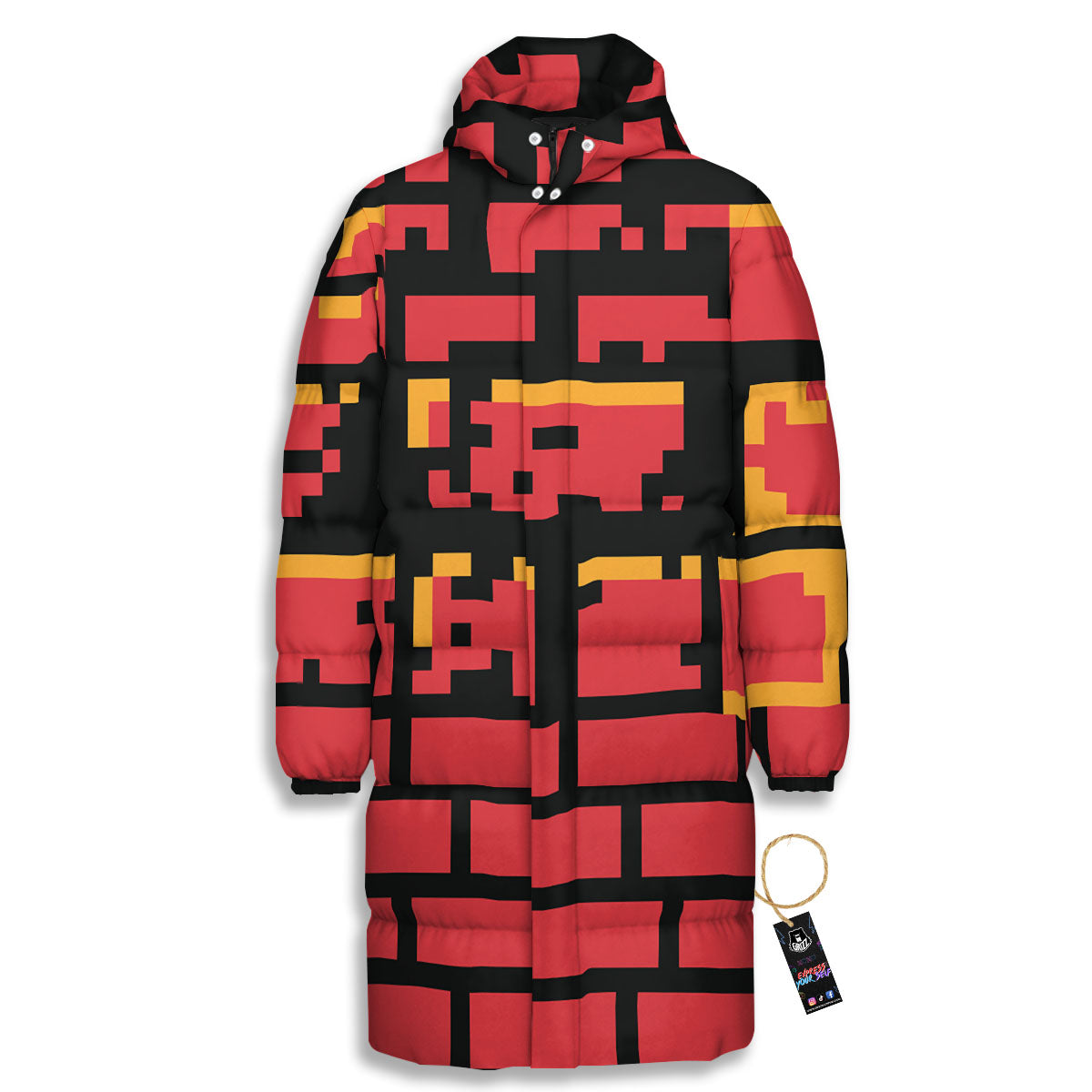 Wall Orange 8-Bit Pixel Print Long Down Jacket-grizzshop