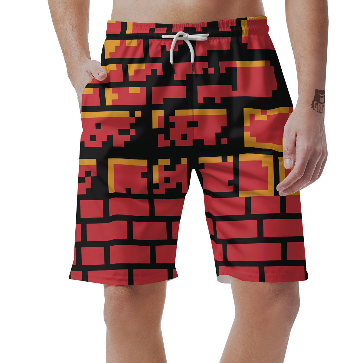 Wall Orange 8-Bit Pixel Print Men's Shorts-grizzshop