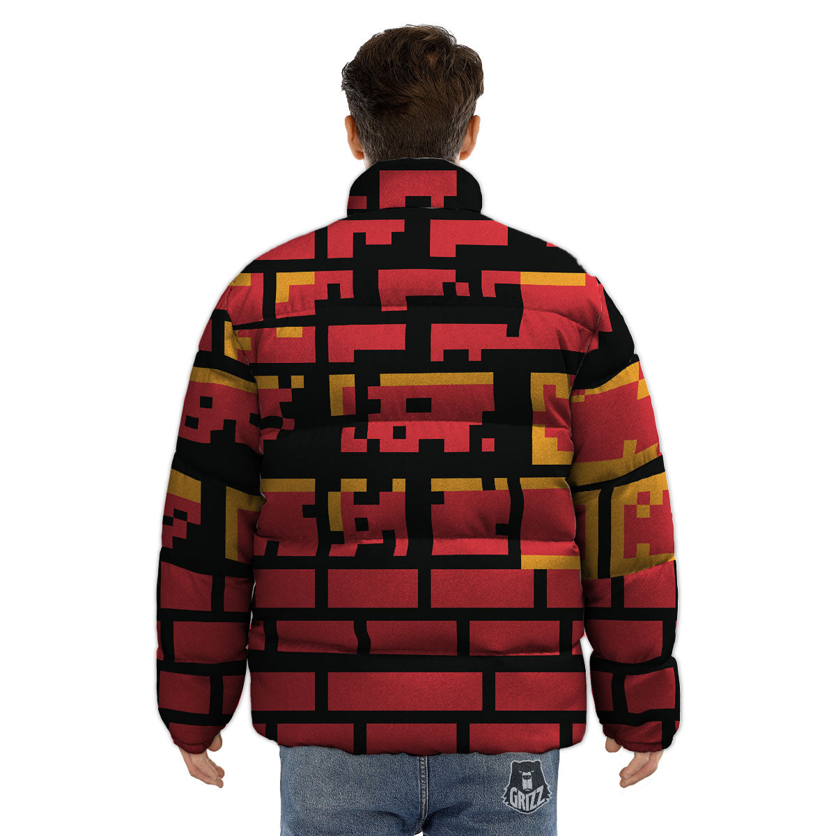 Wall Orange 8-Bit Pixel Print Puffer Jacket-grizzshop
