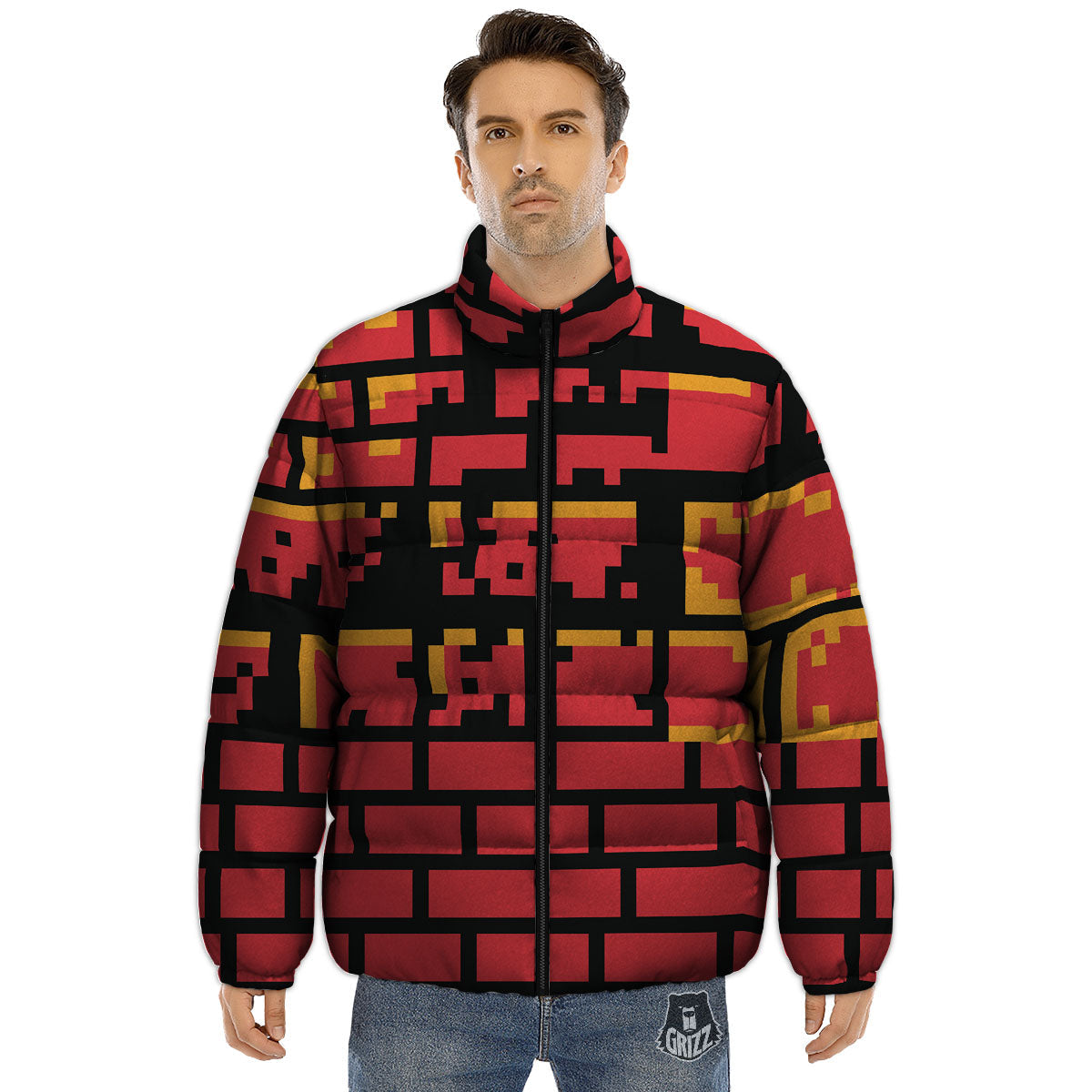 Wall Orange 8-Bit Pixel Print Puffer Jacket-grizzshop