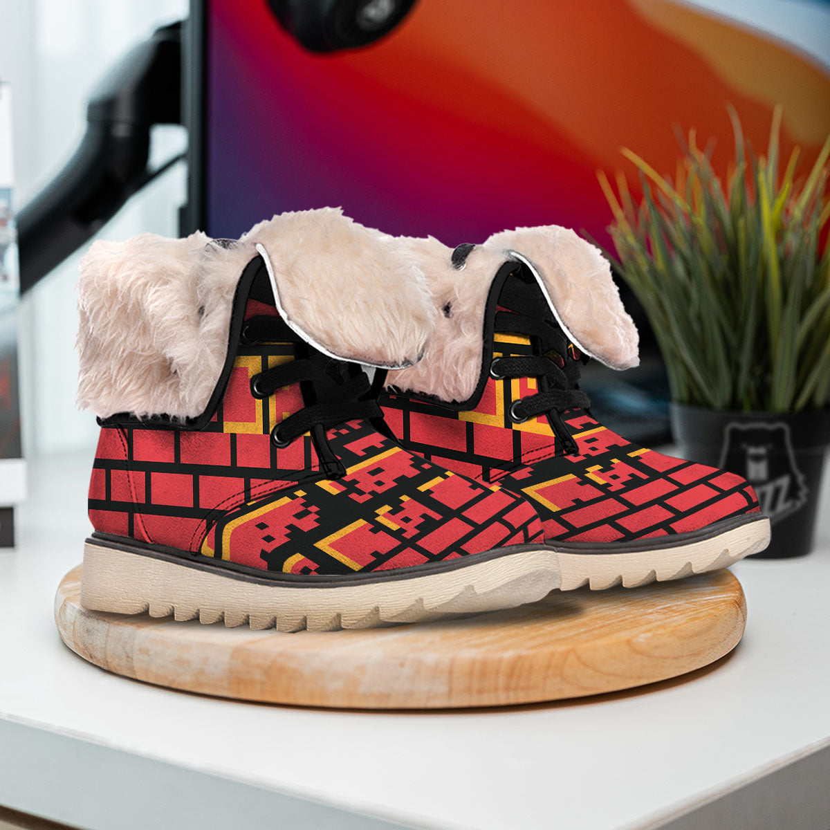 Wall Orange 8-Bit Pixel Print Snow Boots-grizzshop