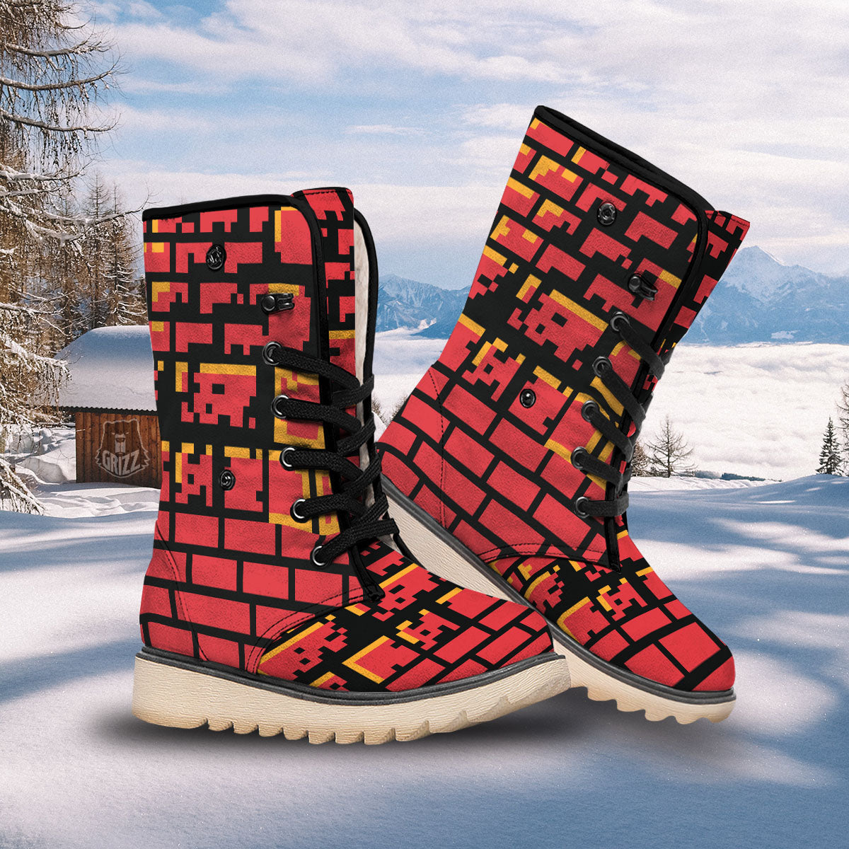Wall Orange 8-Bit Pixel Print Snow Boots-grizzshop