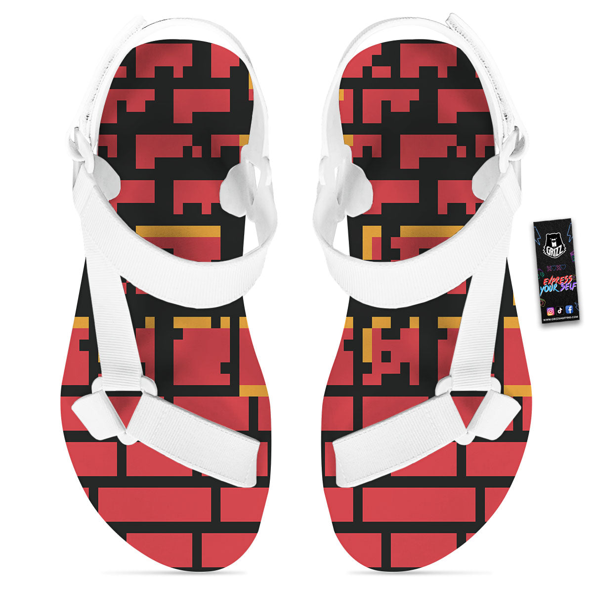 Wall Orange 8-Bit Pixel Print White Open Toe Sandals-grizzshop
