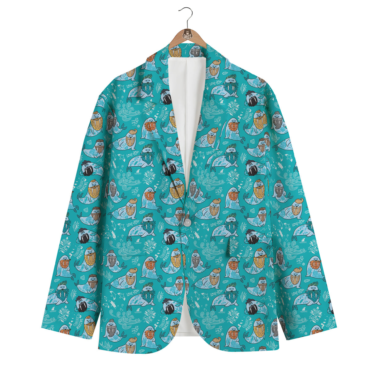 Walrus Blue TattooPrint Pattern Men's Blazer-grizzshop