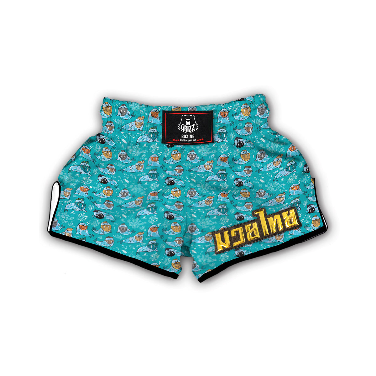 Walrus Blue TattooPrint Pattern Muay Thai Boxing Shorts-grizzshop