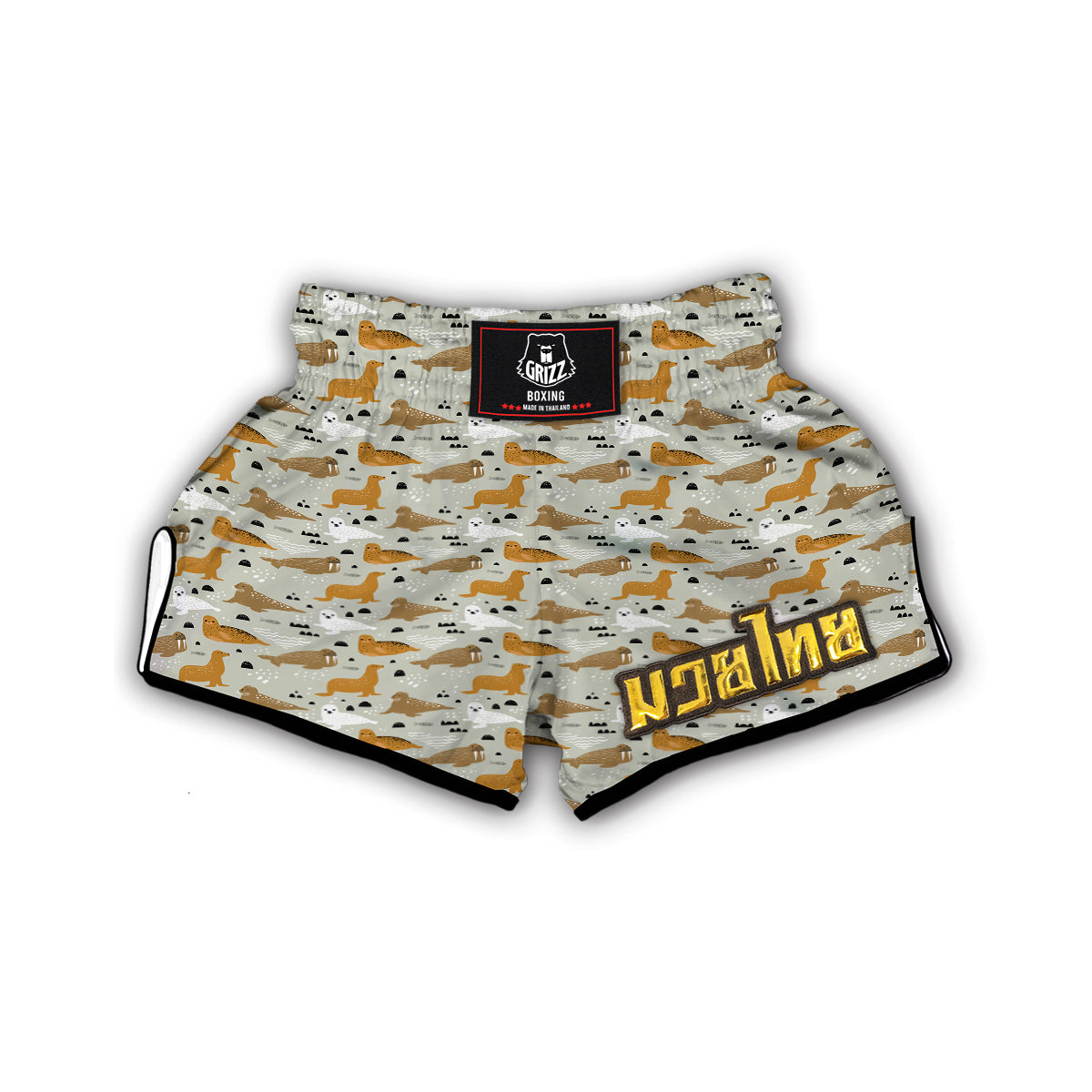 Walrus Brown And White Print Pattern Muay Thai Boxing Shorts-grizzshop