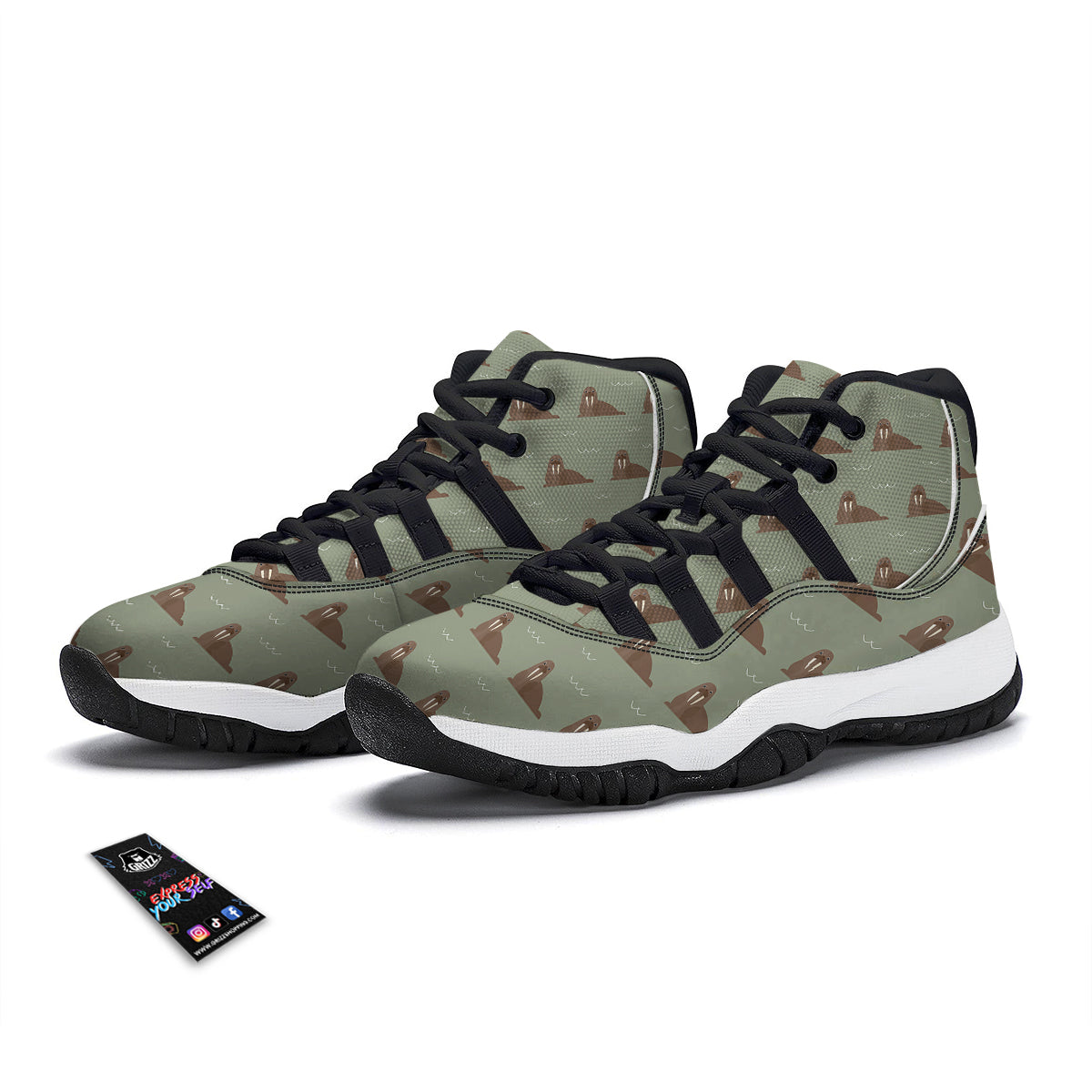 Walrus Brown Print Pattern Black Bball Shoes-grizzshop