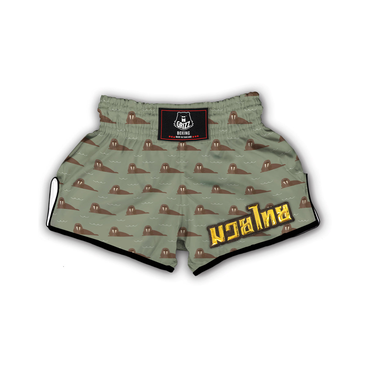 Walrus Brown Print Pattern Muay Thai Boxing Shorts-grizzshop