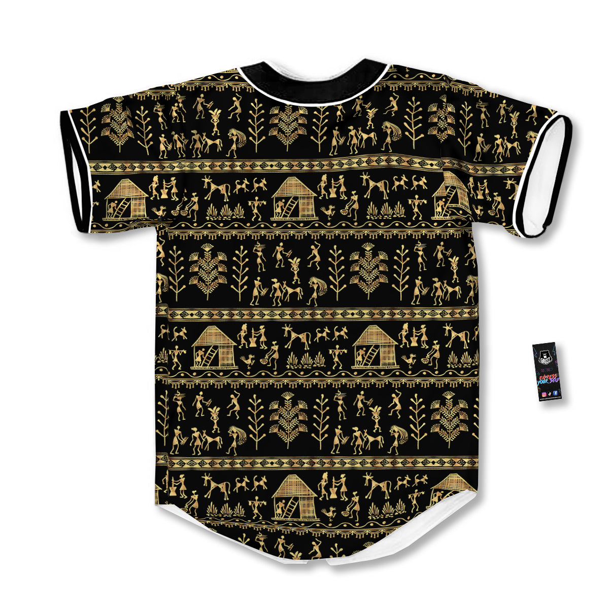Warli Gold And Black Print Pattern Baseball Jersey-grizzshop
