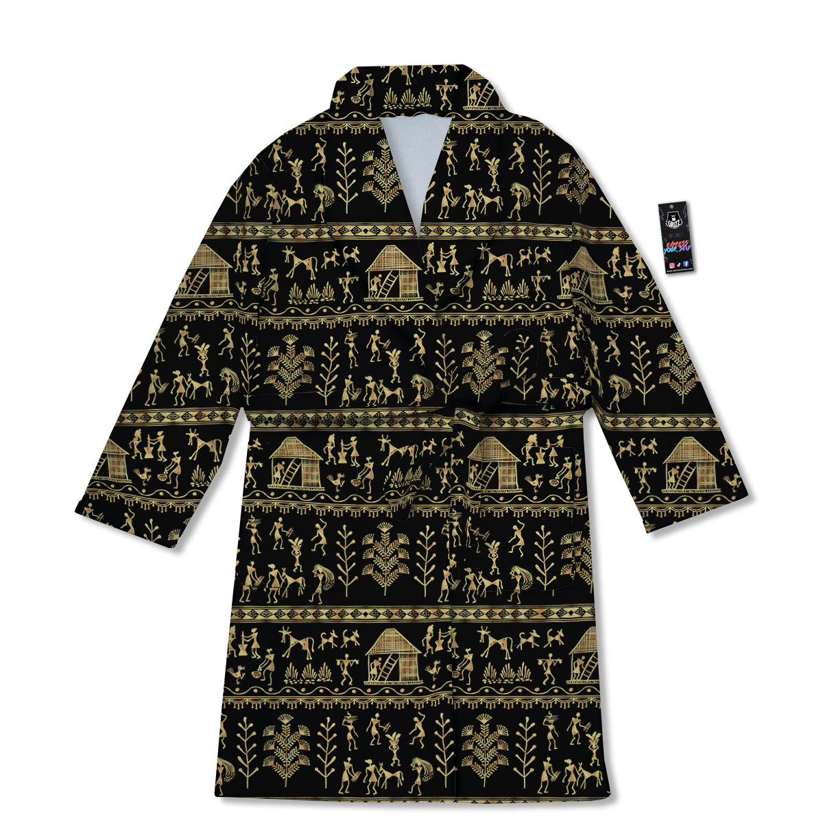 Warli Gold And Black Print Pattern Bathrobe-grizzshop