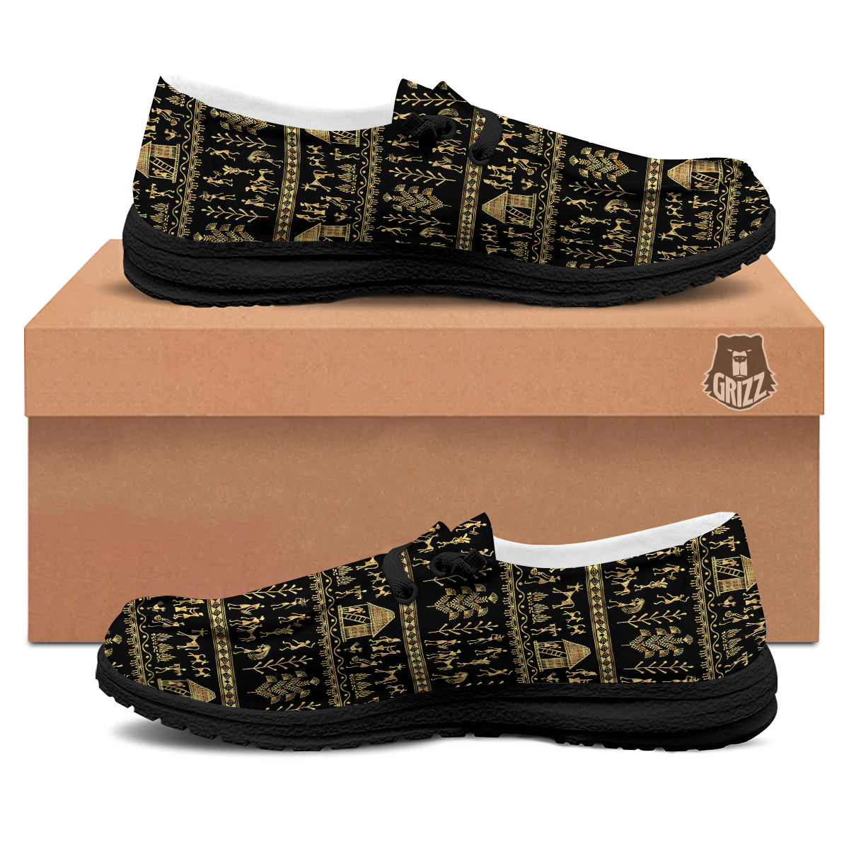 Warli Gold And Black Print Pattern Black Loafers-grizzshop