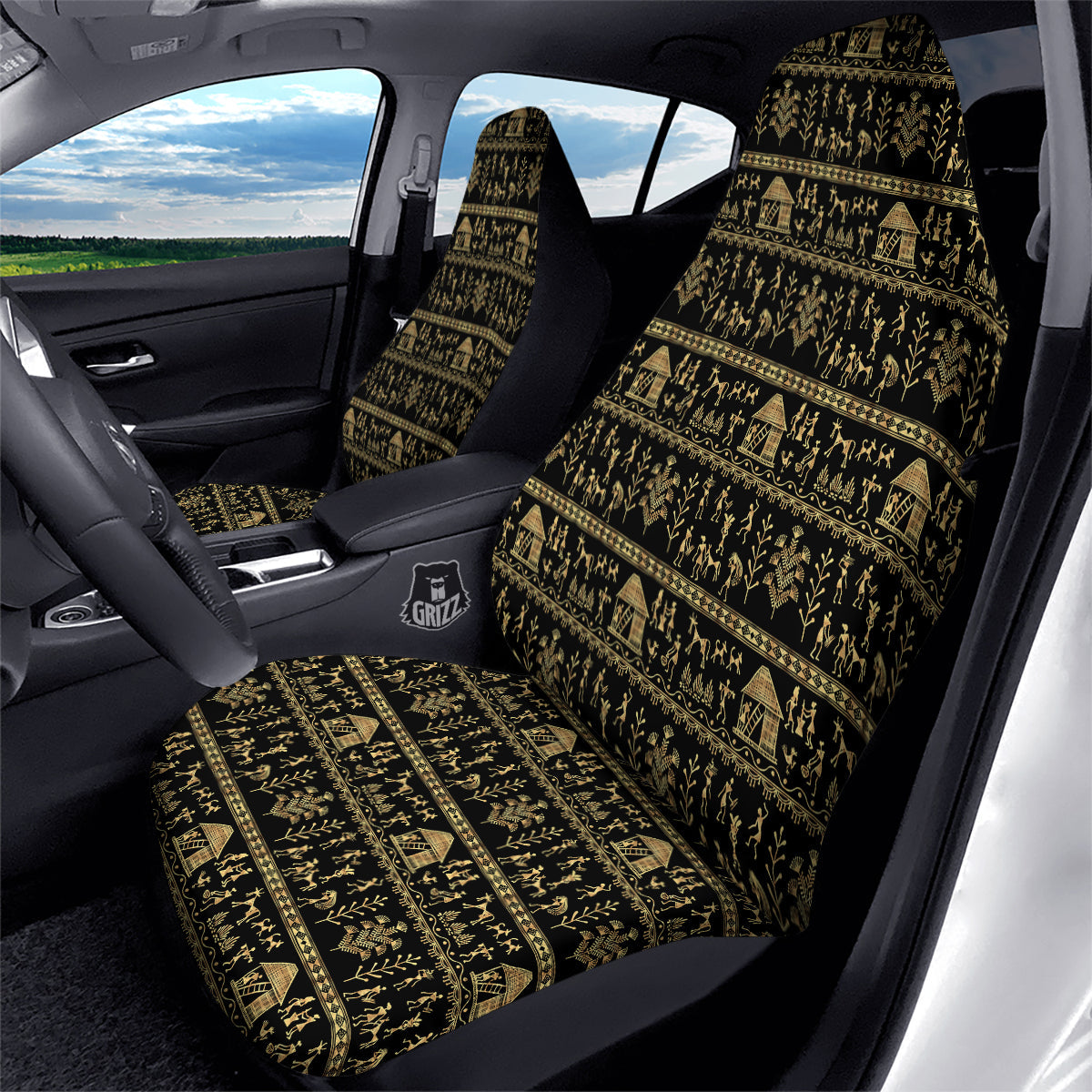 Warli Gold And Black Print Pattern Car Seat Covers-grizzshop