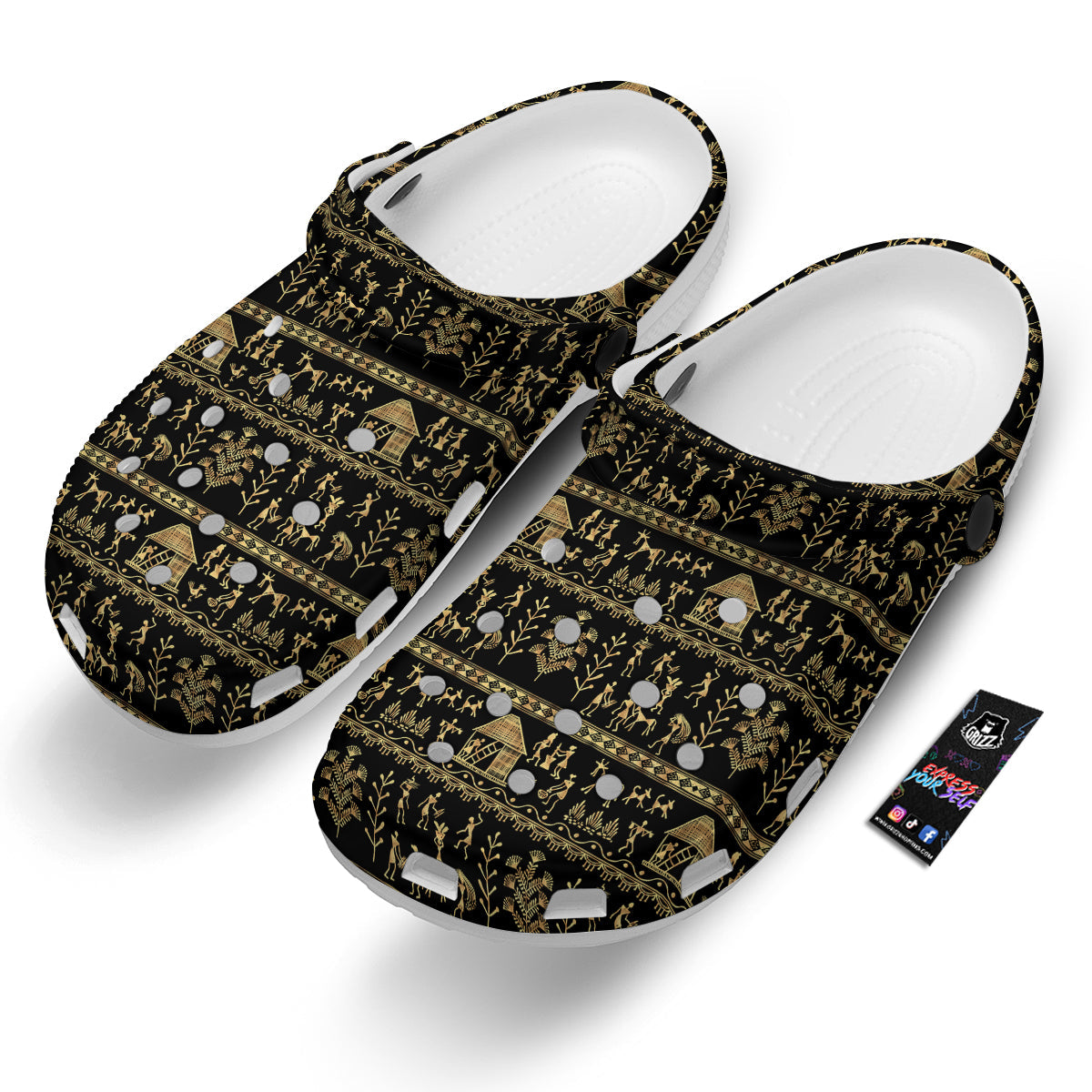 Warli Gold And Black Print Pattern Clog-grizzshop