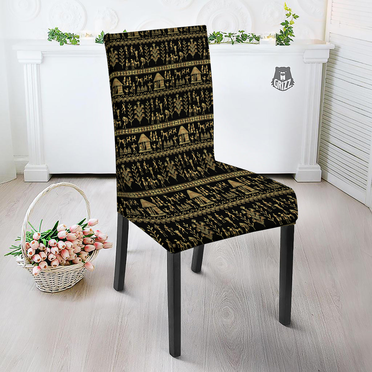 Warli Gold And Black Print Pattern Dining Chair Slipcover-grizzshop