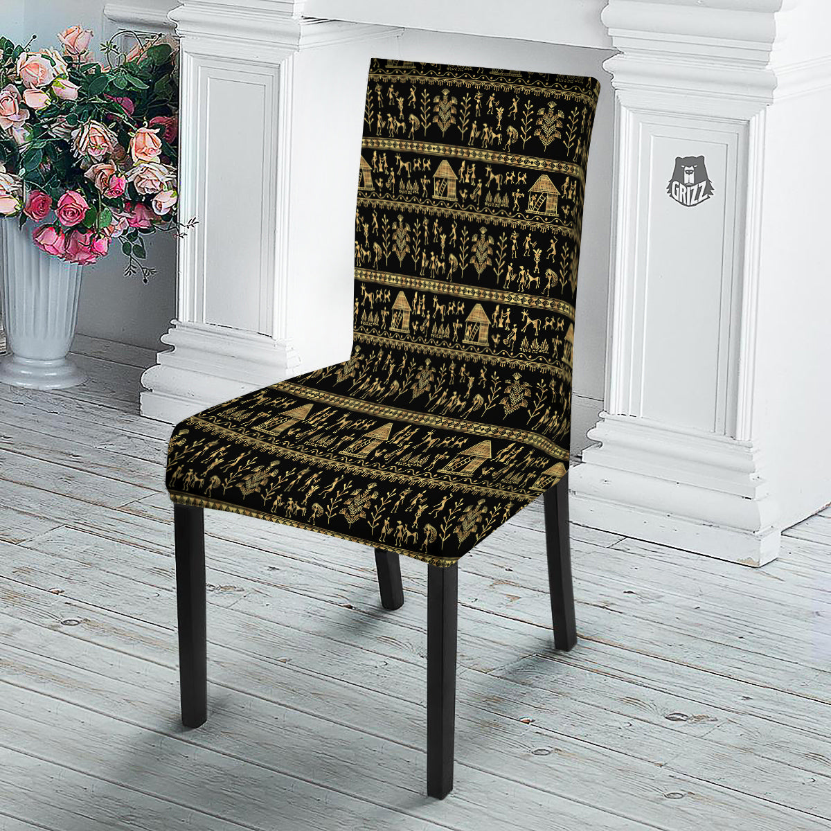 Warli Gold And Black Print Pattern Dining Chair Slipcover-grizzshop
