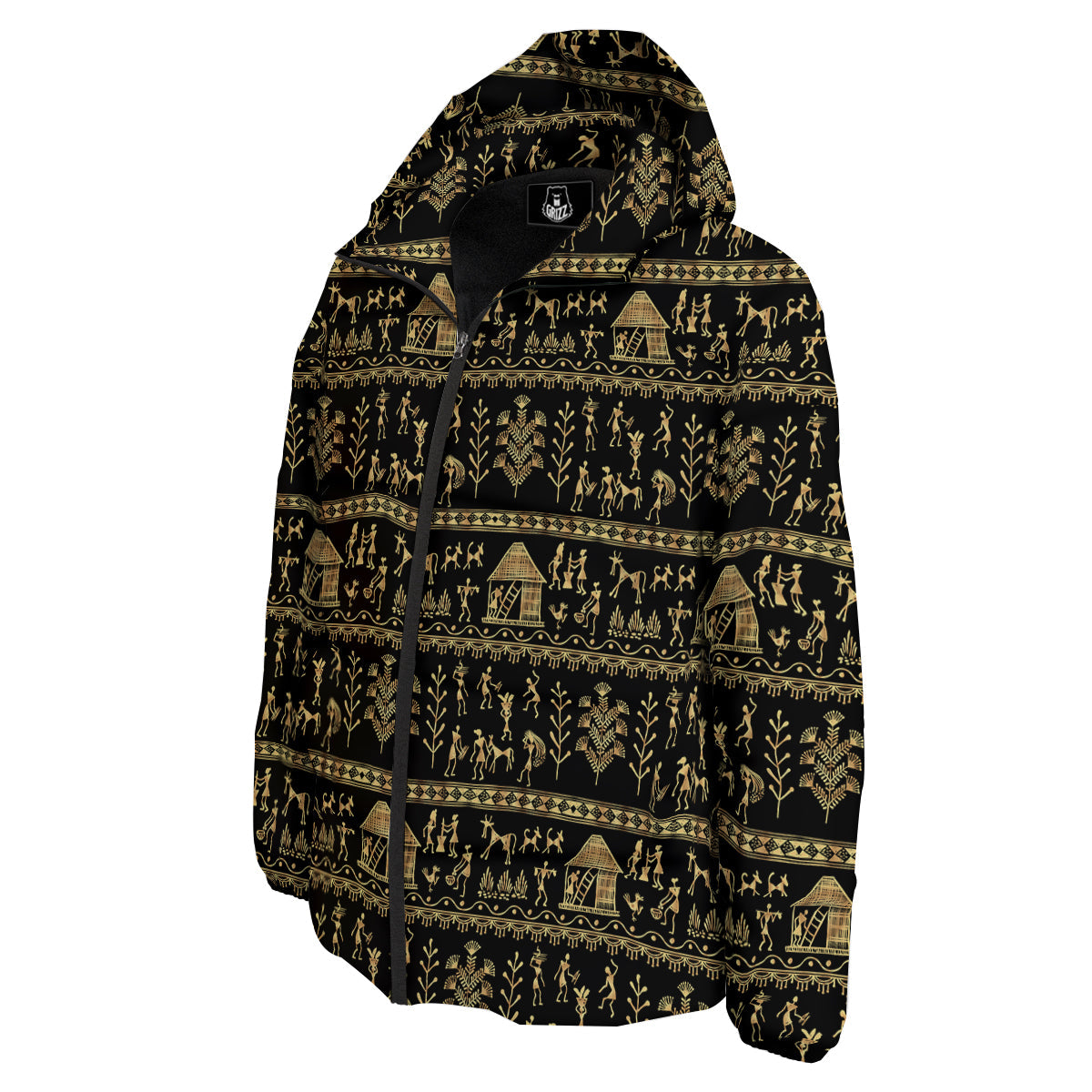 Warli Gold And Black Print Pattern Down Jacket-grizzshop