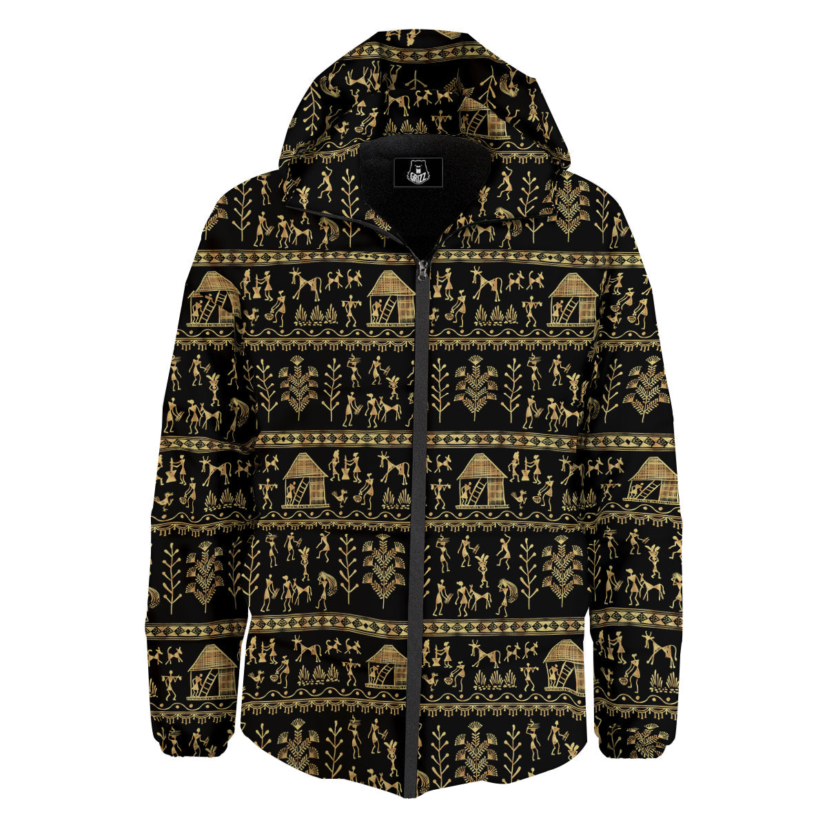 Warli Gold And Black Print Pattern Down Jacket-grizzshop