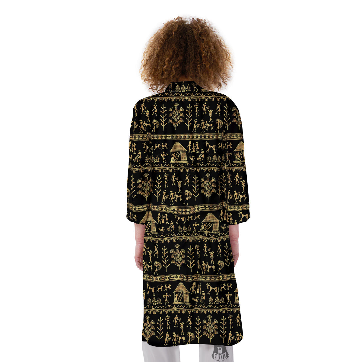 Warli Gold And Black Print Pattern Kimono-grizzshop