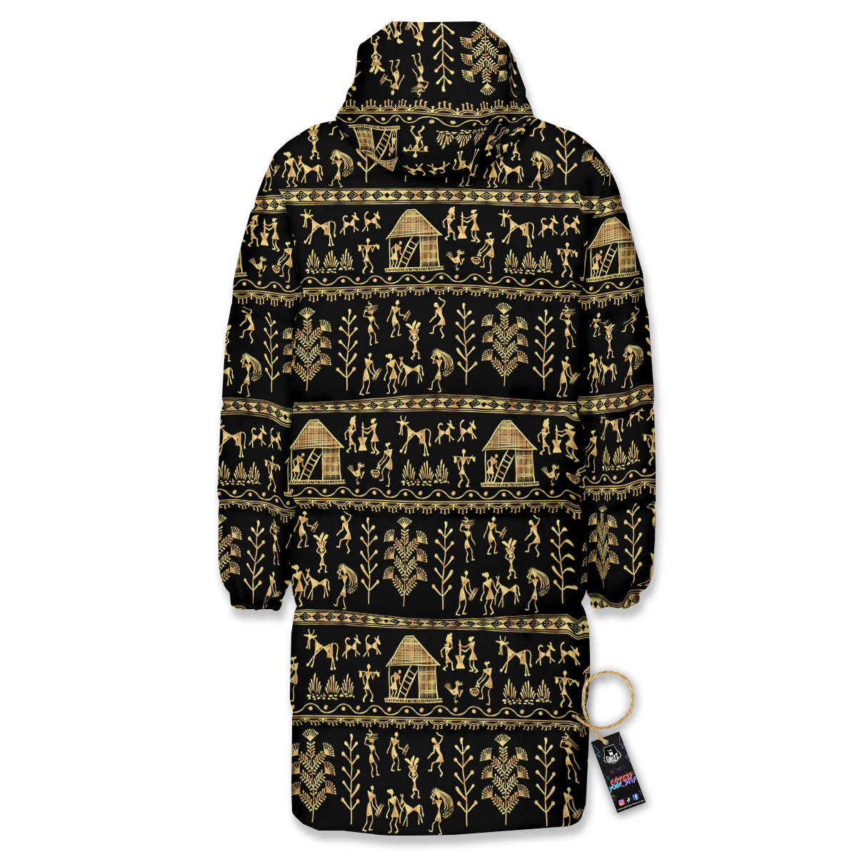 Warli Gold And Black Print Pattern Long Down Jacket-grizzshop