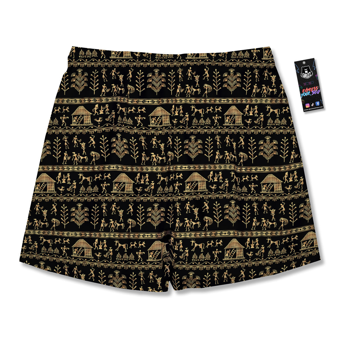 Warli Gold And Black Print Pattern Men's Running Shorts-grizzshop