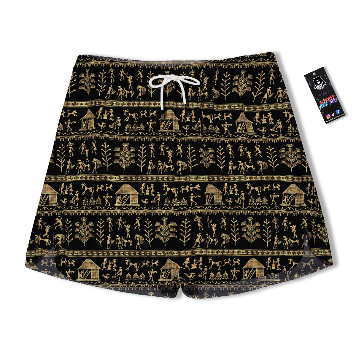 Warli Gold And Black Print Pattern Men's Running Shorts-grizzshop