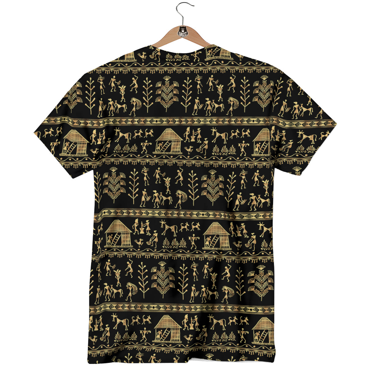 Warli Gold And Black Print Pattern T-Shirt-grizzshop