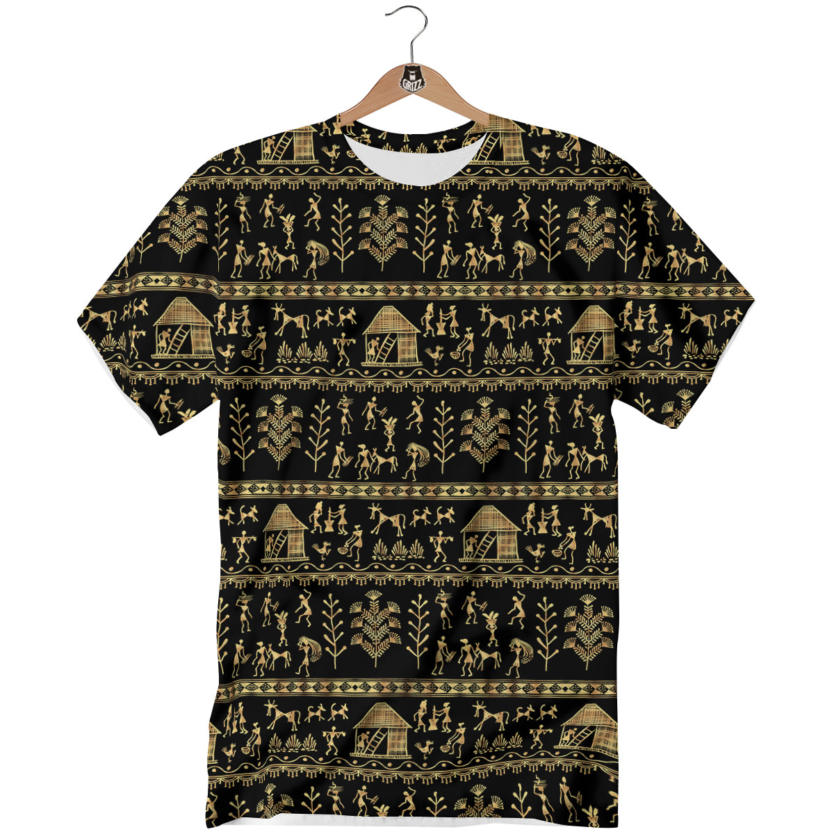 Warli Gold And Black Print Pattern T-Shirt-grizzshop