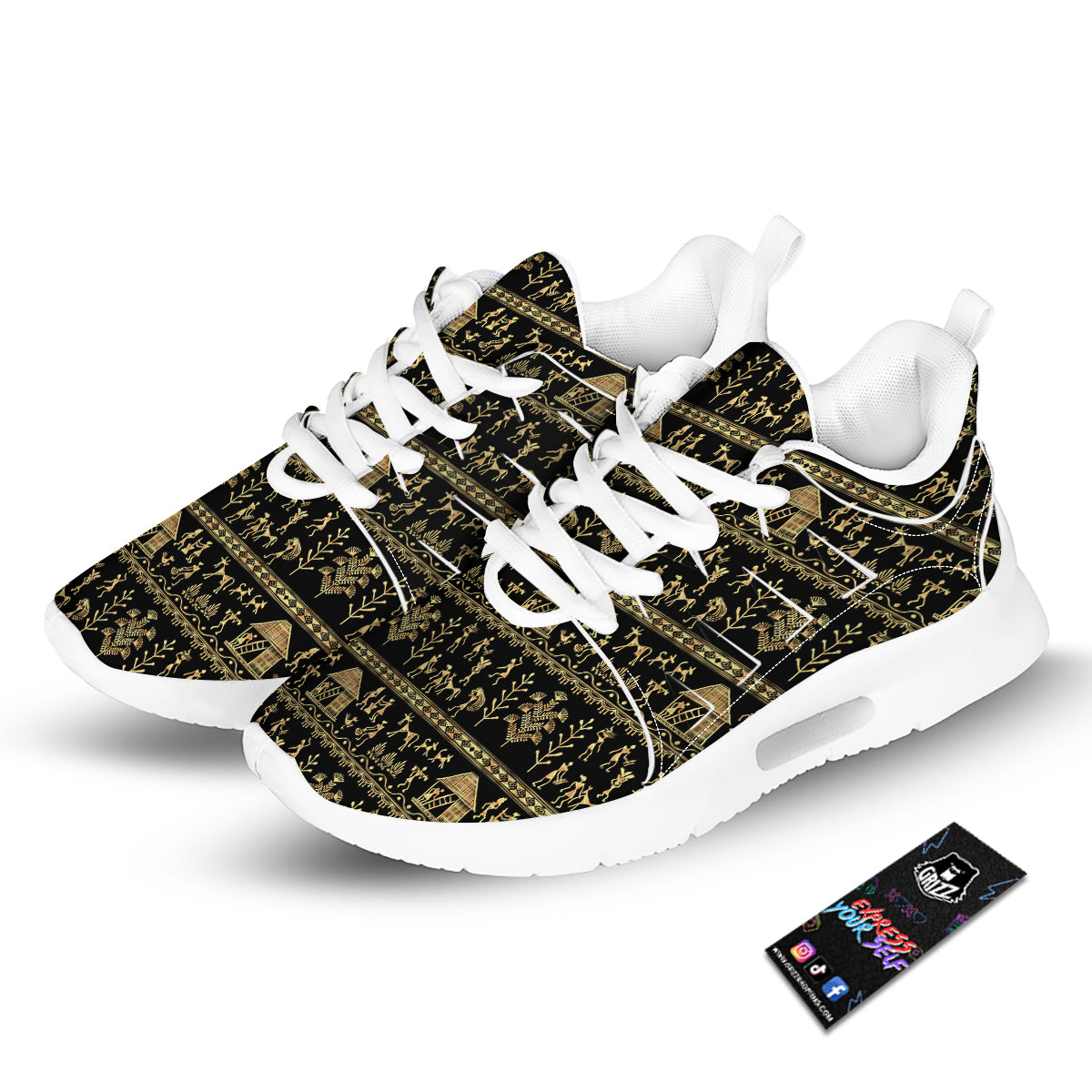 Warli Gold And Black Print Pattern Tennis Shoes-grizzshop