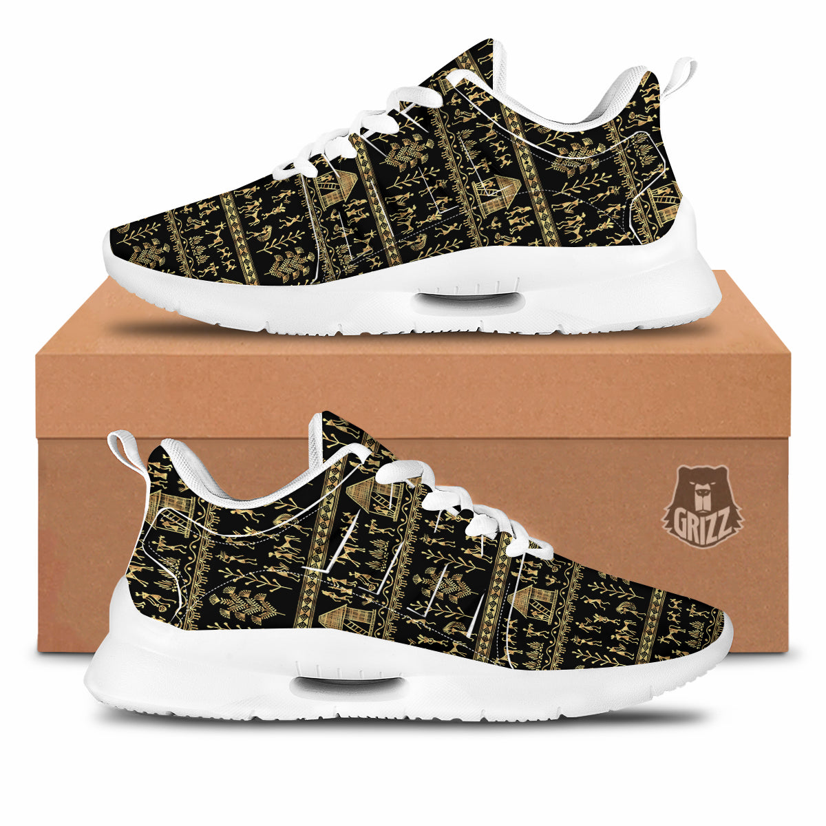 Warli Gold And Black Print Pattern Tennis Shoes-grizzshop