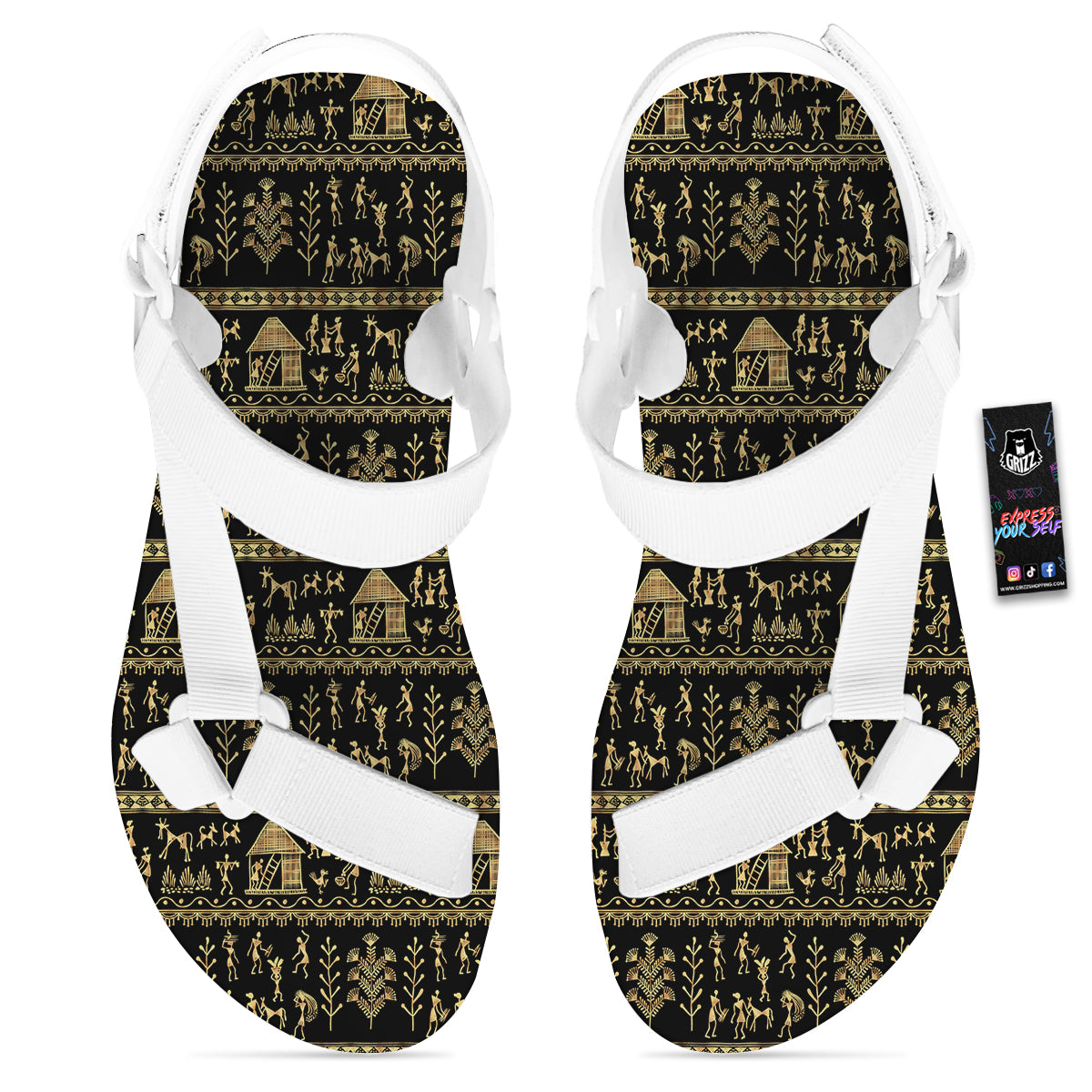 Warli Gold And Black Print Pattern White Open Toe Sandals-grizzshop