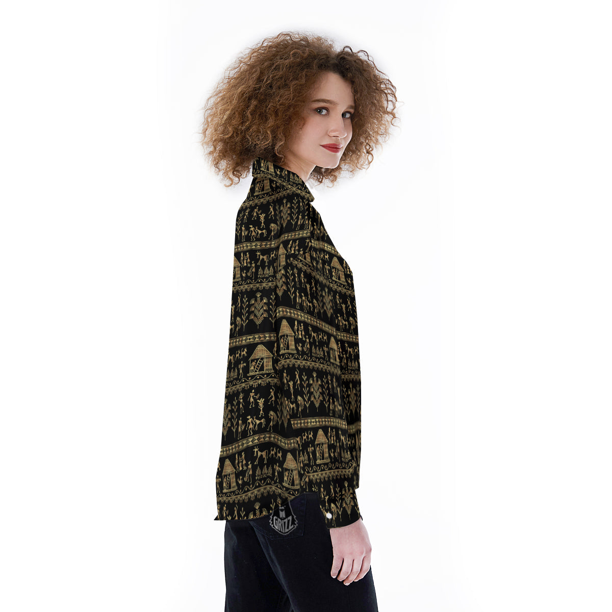 Warli Gold And Black Print Pattern Women's Long Sleeve Shirts-grizzshop
